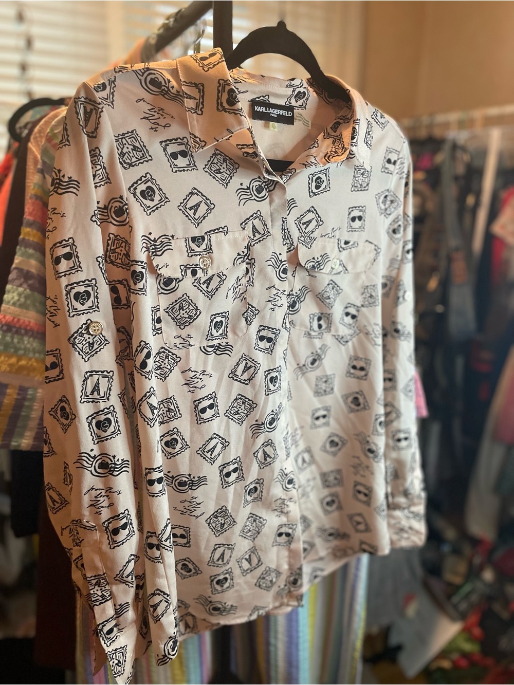 Karl Lagerfeld Pale Pink and Black Graphic Button Down
